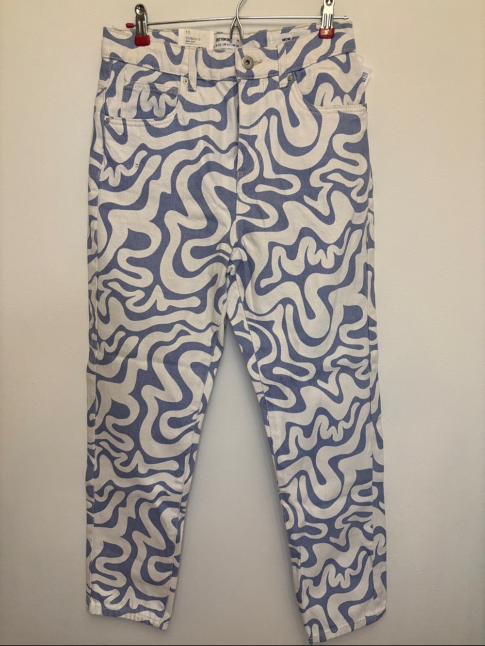 Cotton On High Rise Swirl Mom Jeans Blue White Statement Denim Size 6 NWT